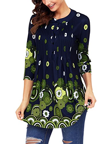 Womens 3/4 Sleeve Floral Button Up Shirts Beach Blouse Plus Size,Small,Green2