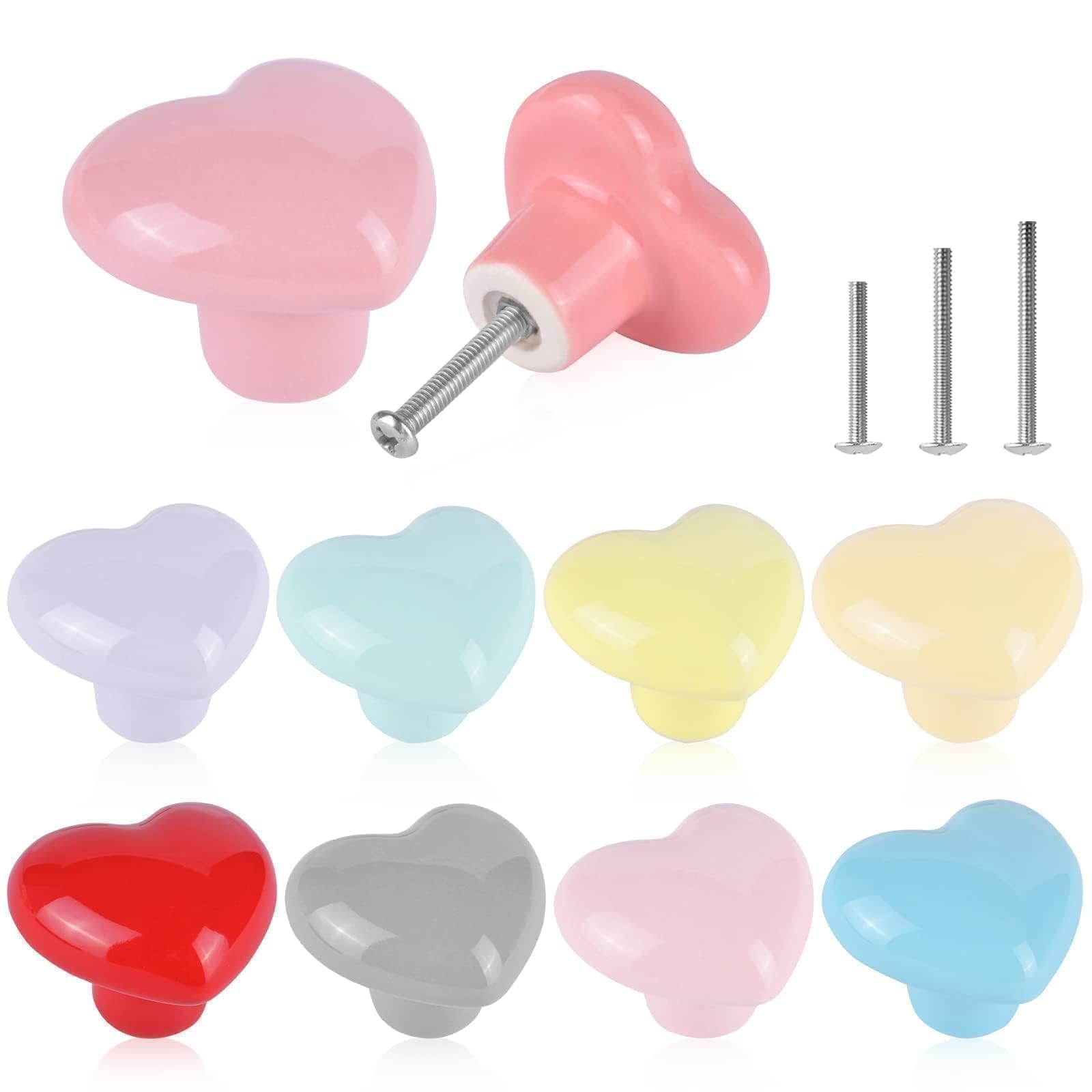 ShipeeKin 10x Colorful Cute Glossy Ceramic Knobs Love Heart Shape Lovely Door Pull Knob Cabinet Closet Ceramic Drawer Cupboard Kitchen Dresser Kids Child Bedroom Pulls Wardrobe Handles — image 1