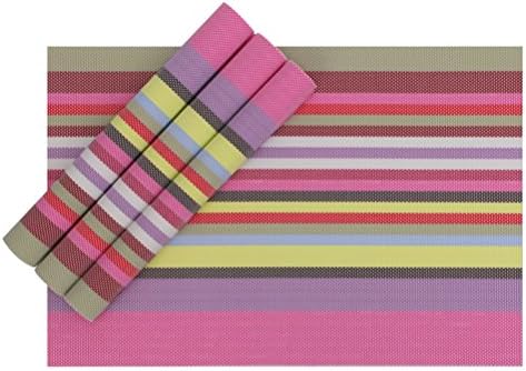 Karateemy Placemat PVC Heat Insulation Stain-resistant Washable Striped Table mat for Dining Room Set of 4 Pink