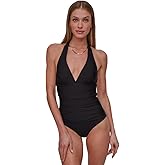 DKNY Womens Triangle Halter Neck One Piece Swimsuit with Tummy Control