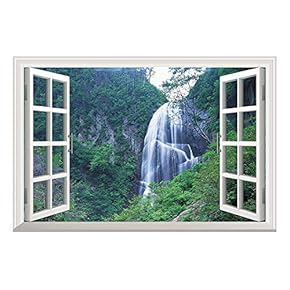 Grand Waterfall Green Mountain Open Window Mural Wall Sticker - 24"x32"