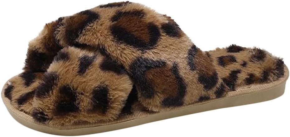 piabigka Ladies' Fuzzy Fluffy Slippers Faux Fur Cross Open Toe Sliders Memory Foam House Slipper Cute Comfy Flat Cozy House Shoes