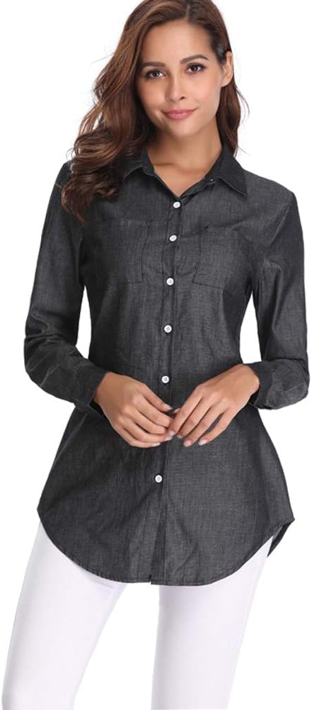 fuinloth Women's Chambray Button Down Shirt, Long Sleeve Cotton Blouse, Long Jeans Tunic Top
