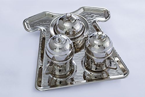 MisterCopper New 2017 Premium Turkish Greek Arabic Coffee Espresso Copper Serving Set for 2,Cups Saucers Lids Tray Delight Sugar Dish 11pc (silver)