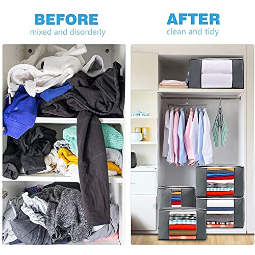 AJWON Large Capacity Clothes Storage Bag, Foldable Clothing Storage Organizer with Sturdy Zipper, Thick Fabric Handle and Clear Visual Window for Bedroom, Comforters, Blankets, Pillows, 3 Pack, 90L, Grey