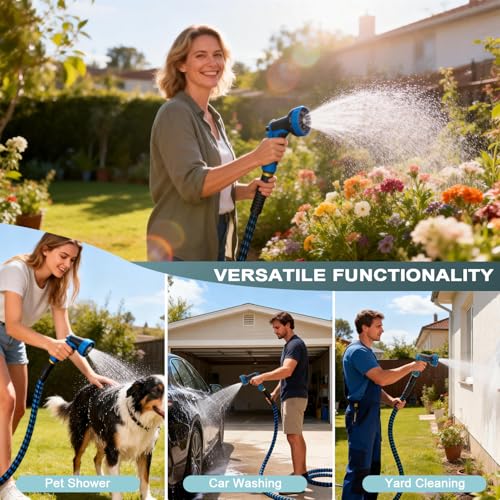 Garden Hose 50ft, Non-Expanding Water Hose Ultra Lightweight, Kink-Free Flexible Hose with 10-Pattern Nozzle, Durable & Abrasion Resistant Outdoor Hose for Yard, Lawn, Marine, RV, and Car Wash (50 FT)