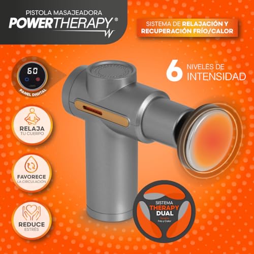 Power Therapy Pistola De Masaje Muscular con 6 Cabezales Intercambiables, Portátil, Frío y Calor, 6 Niveles de Intensidad, Recargable USB Tipo C, Masajeador Muscular Inalámbrico Gris Metálico
