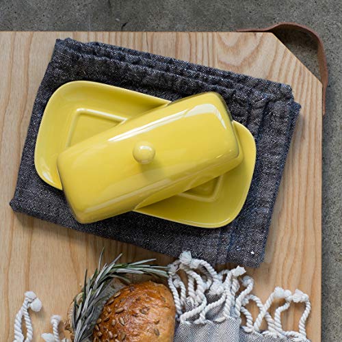 Now Designs Stoneware Rectangle Butter Dish with Lid, Lemon Yellow 4.5