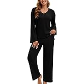 LEYSHE Lounge Sets for Women 2 Piece Ribbed Knit V Neck Long Sleeve Wide Leg Pants Loungewear Pajamas Fall Winter Outfits