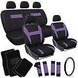 OxGord 21pc Black & Purple Flat Cloth Seat Cover and Carpet Floor Mat Set for Car Pick-Up Truck SUV Van Sedan Hatchback , Airbag Compatible, Split Bench, Steering Wheel Cover Included