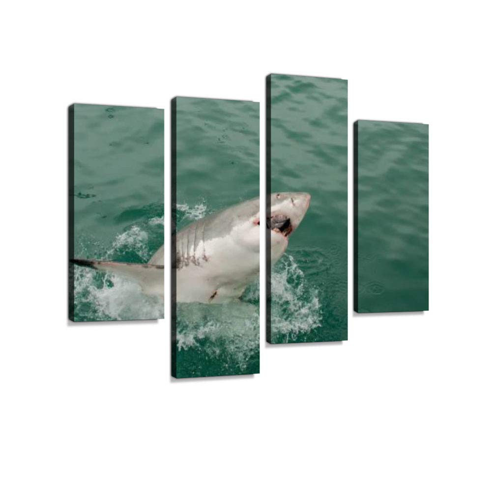 Great White Shark Attacking Bait, Gansbaai, South Africa Canvas Wall Art Hanging Paintings Modern Artwork Abstract Picture Prints Home Decoration Gift Unique Designed Framed 4 Panel