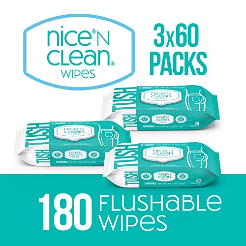 NICE ‘N CLEAN ADULT FLUSHABLE WIPES (3 X 60 COUNT) | PERSONAL CLEANSING WIPES MADE FROM PLANT-BASED FIBERS | INFUSED WITH ALOE & VITAMIN E
