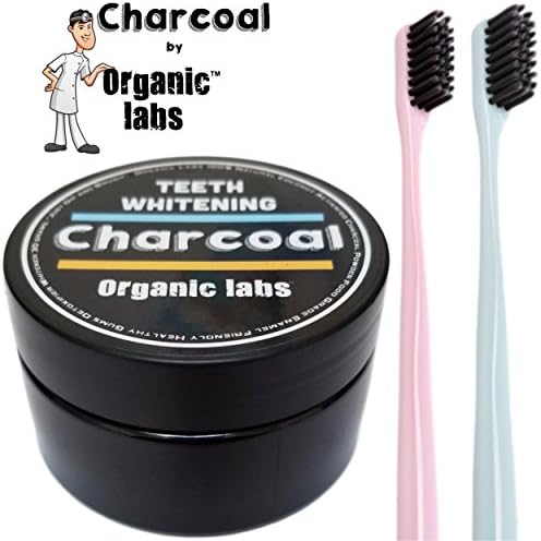 Organic Labs Natural Teeth Whitening Charcoal Powder with 2 Charcoal Infused Brushes - Whitens Teeth, Improves Gum Health, Freshens Breath. Food grade.