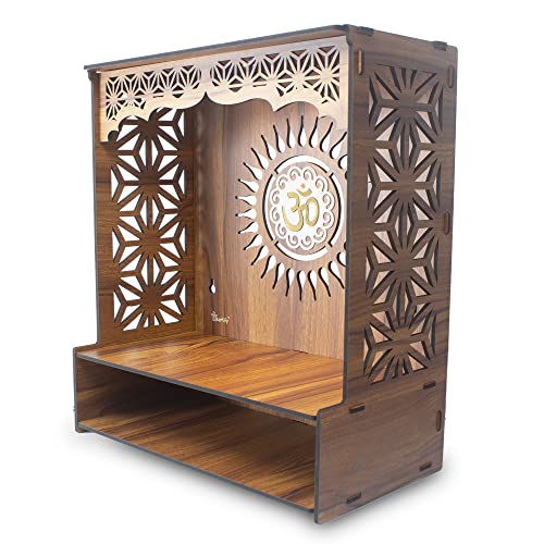 Heartily Shree Beautiful Wooden Pooja Stand for Home Mandir for Home Temple for Home and Office Puja Mandir for Home and Office Wall with LED Spot Light Product (H 18, L 16, W8.75 Inch)