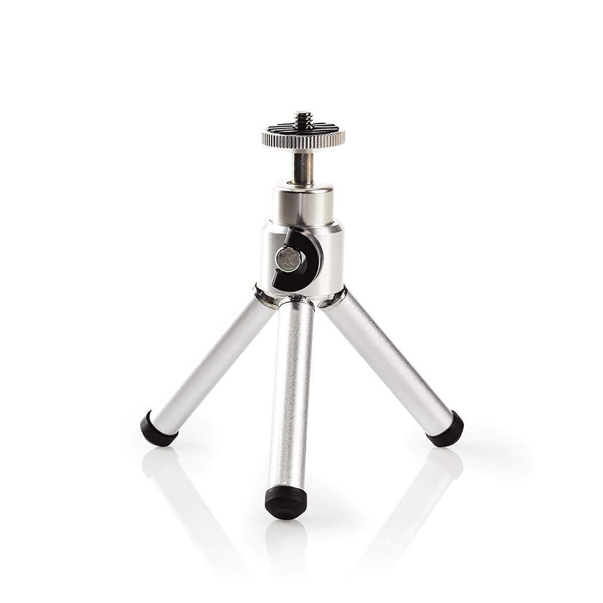Nedis Mini Table Tripod, Lightweight Aluminium Tripod for Photo & Video Cameras, 3-Way Pan Head, Adjustable Height, Flip Locks, Carrying Bag Included – Silver, 14.5cm