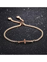 Cocazyw 14K Gold Plated Rose Gold Silver Cross Adjustable Religious Sideways Bracelet for Women Girls,Gold Cross Bracelet Stainless Steel for Men