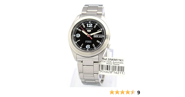 Seiko SNKM77K1 5 Gent herenhorloge, automatisch, analoog, zwarte  wijzerplaat, grijze stalen armband : Amazon.nl: Kleding, schoenen \u0026 sieraden