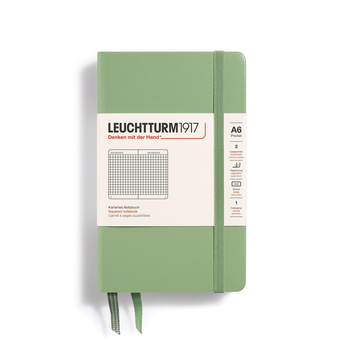 LEUCHTTURM1917 363942 Notebook Pocket (A6), Hardcover, 187 Numbered Pages, Sage, Squared — image 1