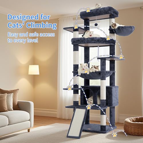 Heybly Tall Cat Tree for Large Cat, 80-inch Multi-Level Cat Tower for Indoor Cats with Large Baseboard, Condo Furniture with 2 Widened Plush Perches,Scratching Board and Big Caves, Smoky Gray HCT038G