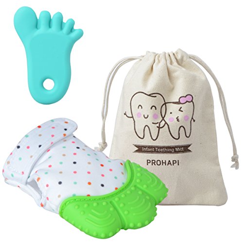 Prohapi Silicone Baby Teething Mitten, Self Soothing Teether & Teething Pain Relief Toy Glove plus Hygienic Travel Storage Pouch - Natural Remedy for Infants & Toddlers 3-12 months(Light Green)