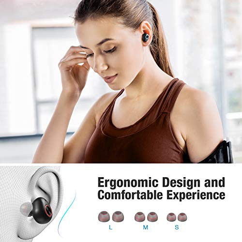 Bluetooth Earbuds Wireless, POWERADD True Wireless Earbud Bluetooth 5.0 Bass Stereo Headphones - IPX7 Waterproof & Noise Cancelling & Ergonomic in-Ear Earphones with Charging Case & Microphones, Black