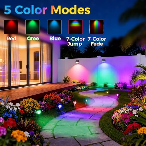 MEEKBOS Luces Solares LED Exterior con Estaca, RGB 5 Modos de Cambio de Color, Sensor Crepuscular, IP65 Impermeables, Lámparas Solares para Jardín, Césped y Caminos(6 Piezas)