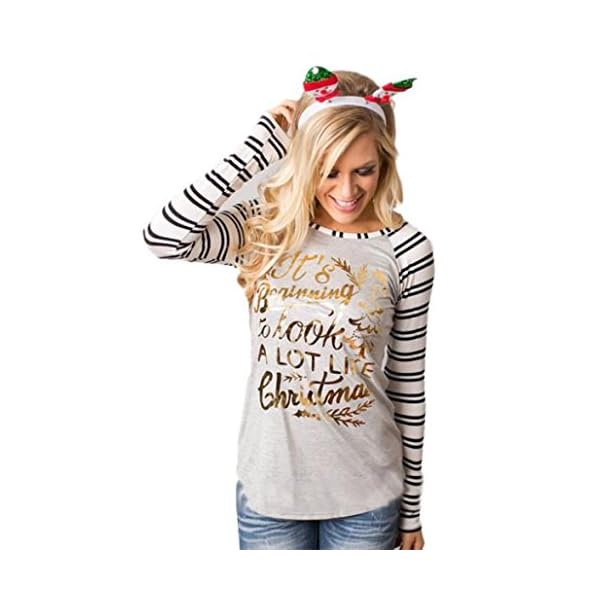 Jushye Women Christmas Long Sleeve Fashion Stripe Patchwork Round Collar Cotton Casual Tops