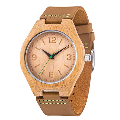 Wood Watch,BIOSTON Handmade Vintage Bamboo Wooden Engraveable Watches with Brown Leather Strap,Watch Case