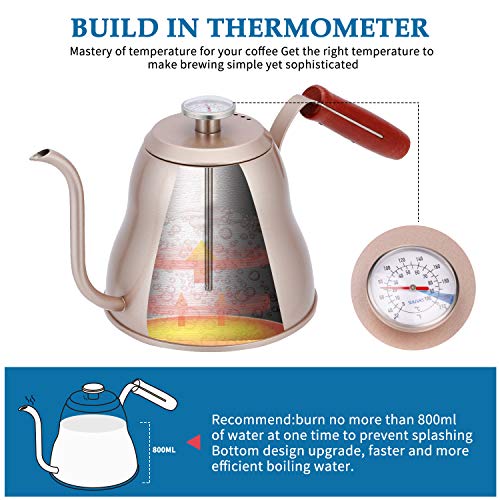 SULIVES 1.2L/40oz Stainless Steel with Built-in Thermometer Pour Over Coffee Kettle, Gold