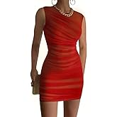 GOKATOSAU Women's Summer Sleeveless Round Neck Mesh Full Ruched Bodycon Mini Dress