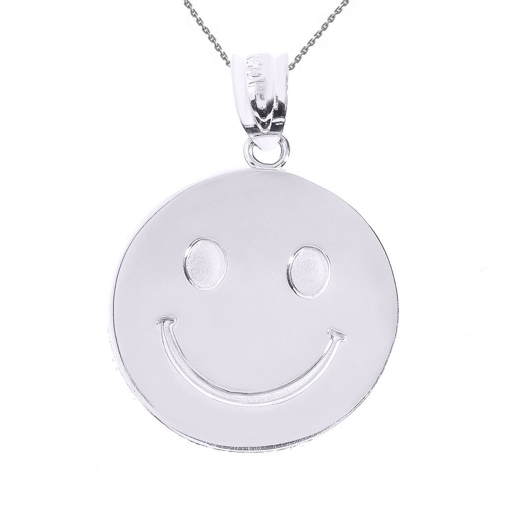 14k Solid White Gold Smiley Face Pendant Necklace, 16" Jewelry