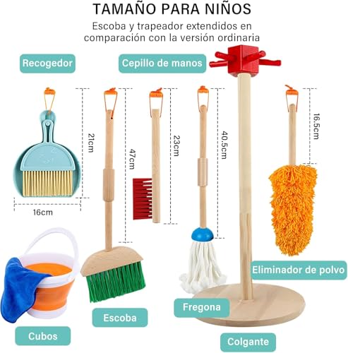 WEAGP Juego de Limpieza para Niños, 6 Piezas Set de Limpieza para Niñas Desmontables con Fregona Cepillo Escoba Recogedor Balde y Soporte Organizador, Regalo Juguetes de rol para Niñas Niños