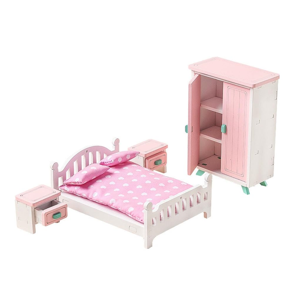 WANGCL 7 Pcs Bedroom Dollhouse Furniture Cabinet Furniture Bedroom Set Double Bed and Bed Linen Accessories Solid Wood Mini Doll Furniture