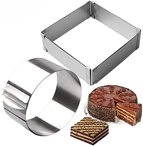 SuperStores 2pcs/set Stainless Steel Adjustable Cake Mousse Ring 3D Round &amp; Square Cake Mold Cake Decorating Baking Tools
