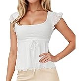 FWSAM Women Trendy Square Neck Cap Sleeve Peplum Top Y2k Lace Up Layered Lettuce Trim Flared Ruffle Hem Tee Shirt