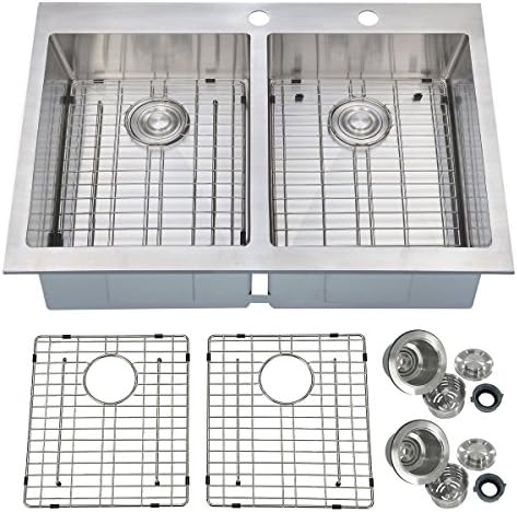 PRIMART Handcrafted 33 Inches Topmount Double Equal Bowl 16 Gauge Stainless Steel Kitchen Sink with Grids