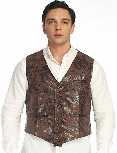 Mens Real Brown PU Faux Leather Heavy Duty Steampunk Gothic Style Vest Waistcoat (L, Brown)