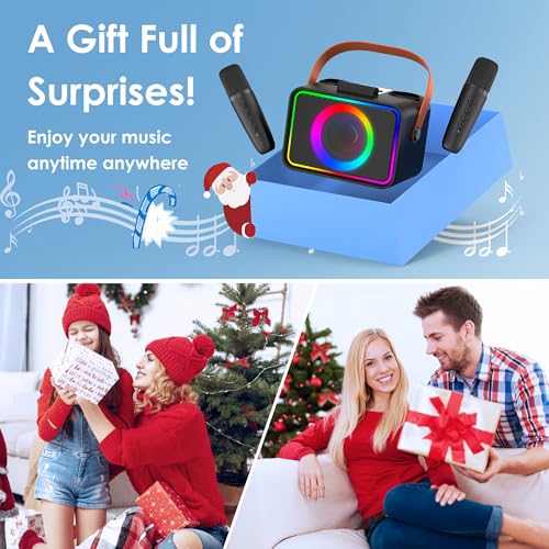 Karaoke Machine,Portable Bluetooth Speaker with 2 Wireless Microphone for Adults & Kids with LED Lights, Karaoke Microphone with PA System Supports USB/TF/AUX,Gift for Party (Black)