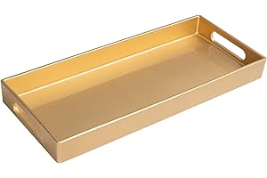 MAONAME Gold Vanity Tray, Plastic Decorative Tray, Rectangular Trays with Handles, Narrow Bathroom Trays for Toilet Tank, 13.8" X 6" X 1.57"
