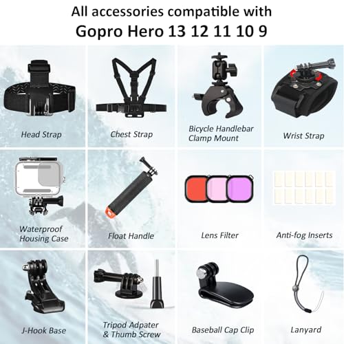 ShipeeKin Accessories Kit for Gopro Hero 13 12 11 10 9, Waterproof Case Floating Handle Chest Strap Head Strap Wrist Strap Super Clamp Handlebar Mount Diving Filters Inserts Anti-Fog