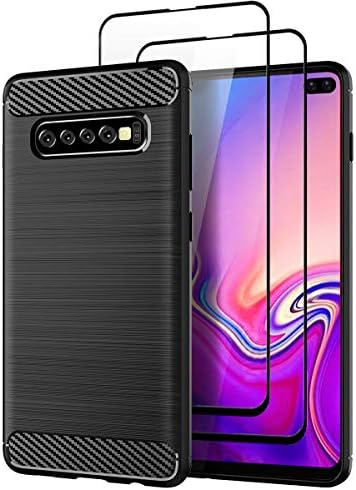Teayoha Case for Samsung Galaxy S10 Plus, with Tempered Glass Screen Protector [2 Pack], Carbon Fiber Scratch Resistant, Shock Absorption Soft TPU Drawing Protective Cases Cover - Black