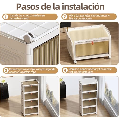 NETEL Plastic Storage Boxes, 47L 4 Units Storage Box with Lid, Plastic Folding Box, Stackable Storage Box with Wheels, Suitable for Bedrooms, Living Rooms and Kitchens