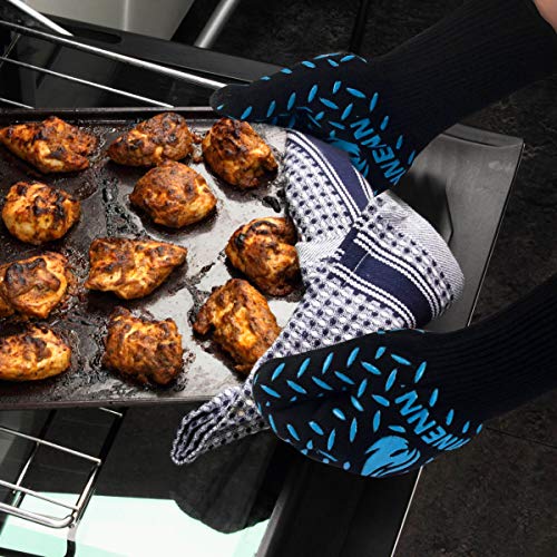 YINENN BBQ Grill Gloves with 932°F Heat Resistance and Insulated Silicone for Barbecue with Grilling,Smoker,Cooking and Oven,Baking,Fireplace,Frying and Kitchen-1 Pairs (13.5''XL)-Blue