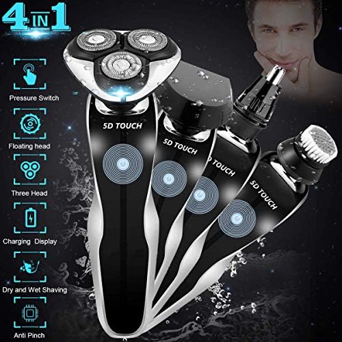 Electric Razor Shaver for Men, 4 in 1 Dry Wet Waterproof men's Rotary Shaver Portable Face Shaver Travel Rechargeable Beard Trimmer USB Cordless Nose Trimmer Facial Cleaning Brush for Dad (Black)