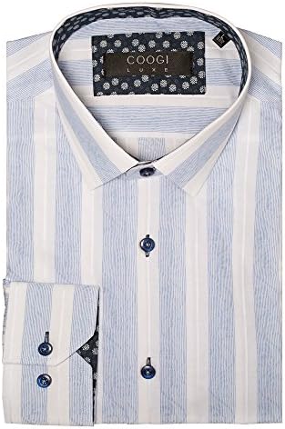 Coogi Luxe Men's Light Blue/Gray Big Stripes Pattern Casual Dress Shirt (Medium)