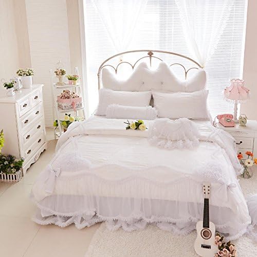 Auvoau Korean Rural Princess Bedding Delicate Floral Print Lace Duvet Cover Baby Girl Fancy Ruffle Wedding Bed Skirt Princess Luxury Bedding Set 4PC (King, White)