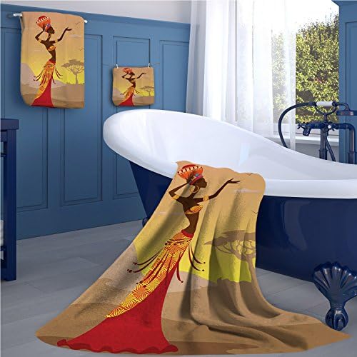 alisoso African Sports towel set African Woman in Desert with Gulls Flying Around Folk Female Stylish Artful Print handkerchief set Amber Tan