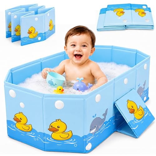 puiaxod Bañera plegable para niños, portátil de viaje para bebés con soporte triangular y tapón de drenaje, mini piscina para exteriores, adecuada para 0-8 años (78 x 41 x 21 cm)