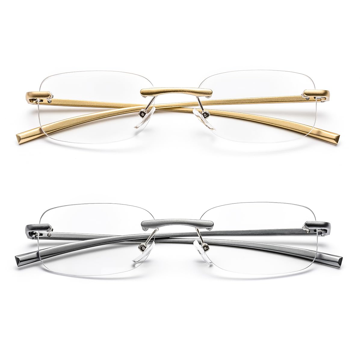 ZUVGEES 2 Pack Rimless Blue Light Blocking Reading Glasses for Men and Women with Spring Hinge Fashion Lightweight Computer Readers((Grey and Gold),1.00)