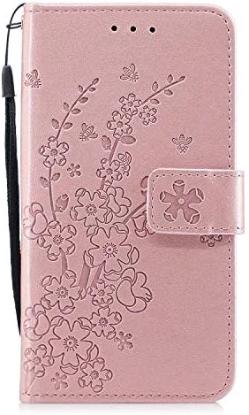 DENDICO iPhone X/iPhone XS Case, Slim Leather Wallet Case Flip Magnetic Cover for Apple iPhone X/iPhone XS, Shockproof Bumper Case with Flower Embossed - Gold Rose